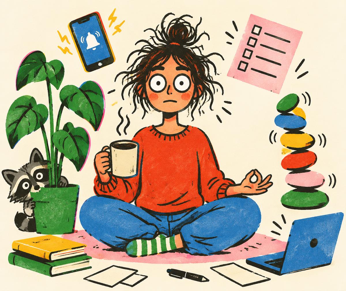 A wide eyed person meditating with coffee while their phone buzzes, a stone tower wobbles and a raccoon hides behind a plant