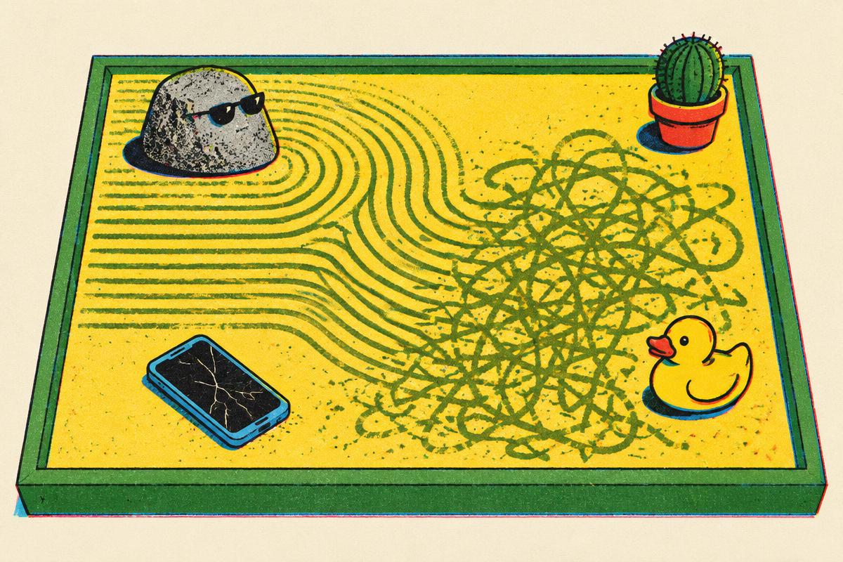 A zen sand garden where the neat raked lines turn into a tangled scribble, next to a rock in sunglasses and a rubber duck